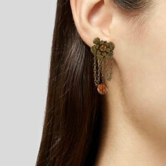 Miriam Haskell Vintage Signed Amber Crystal Floral Screw Back Chain Drop Earring - Picture 2 of 9
